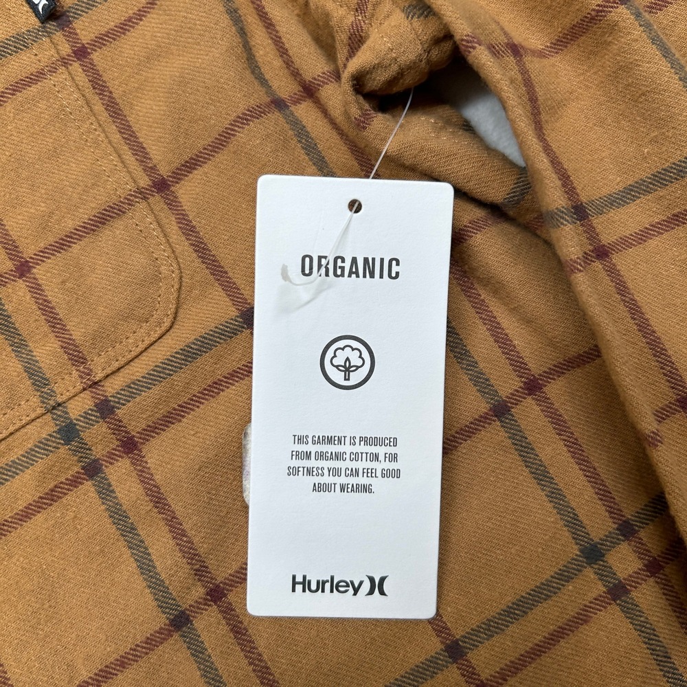 Hurley Organic Flannel Shirt Mens Small Brown Plaid Button‎ Up Long Sleeve NEW - Picture 4 of 8